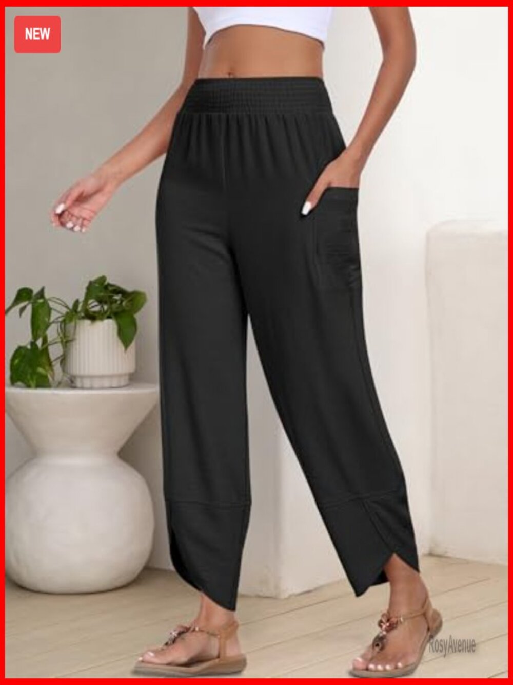 Wide Leg Palazzo Pants High Waisted Loose Fit Cropped Casual Lounge - Picture 4 of 7